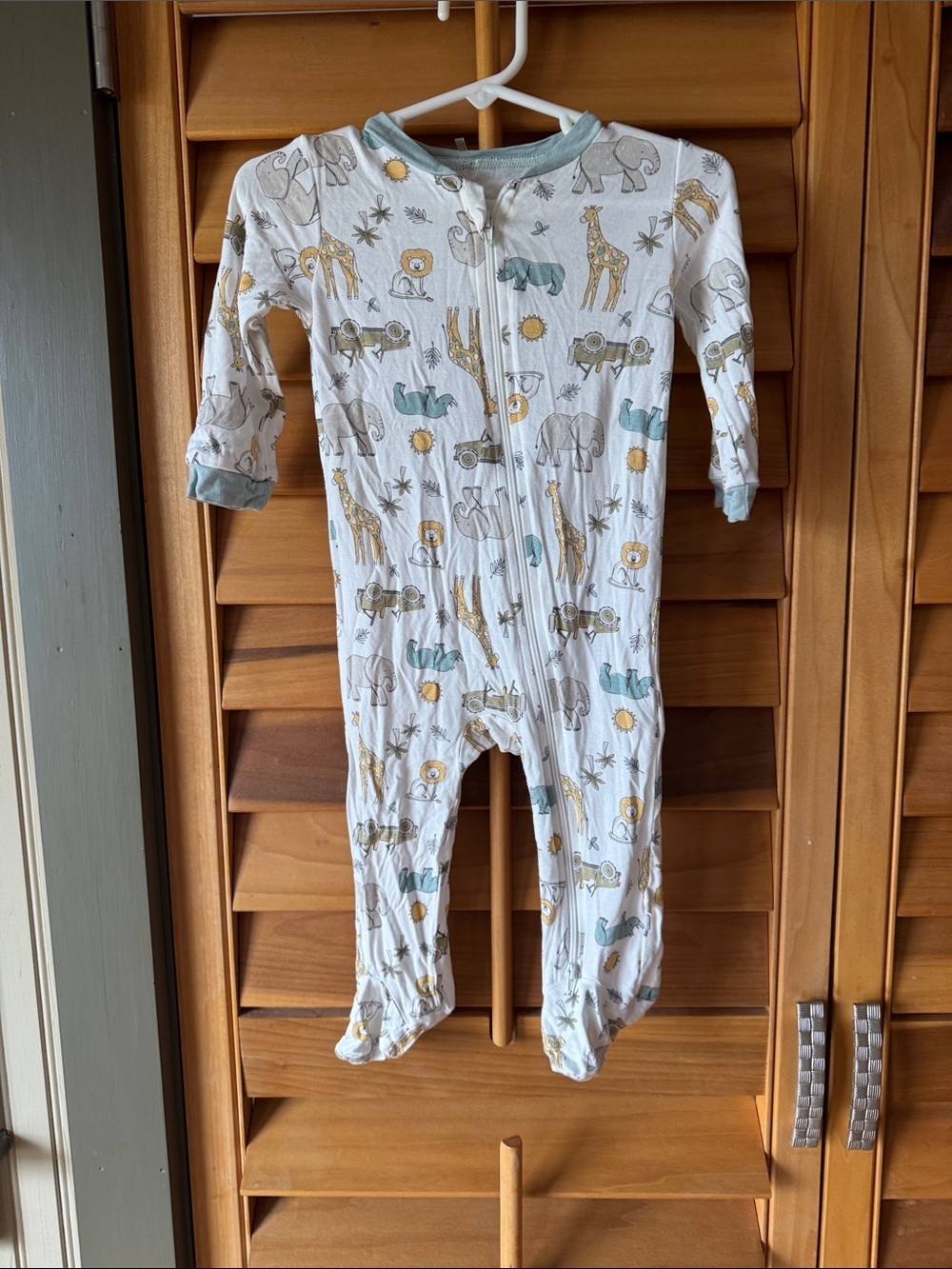 Milkberry White Footed One-Piece with Teal Trim and Safari Print size 6-9M